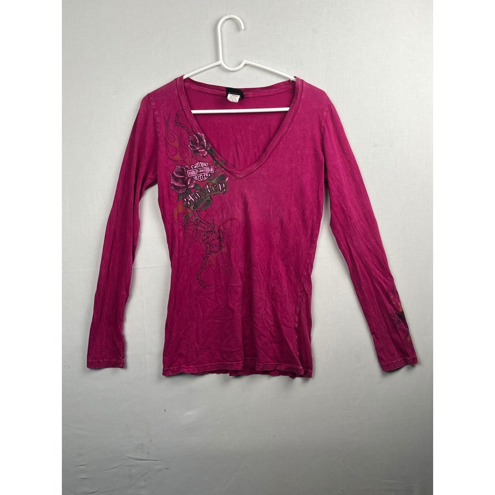 Harley-Davidson‎ Womens Long Sleeve V-Neck Graphic T-Shirt Pink Roses Size L